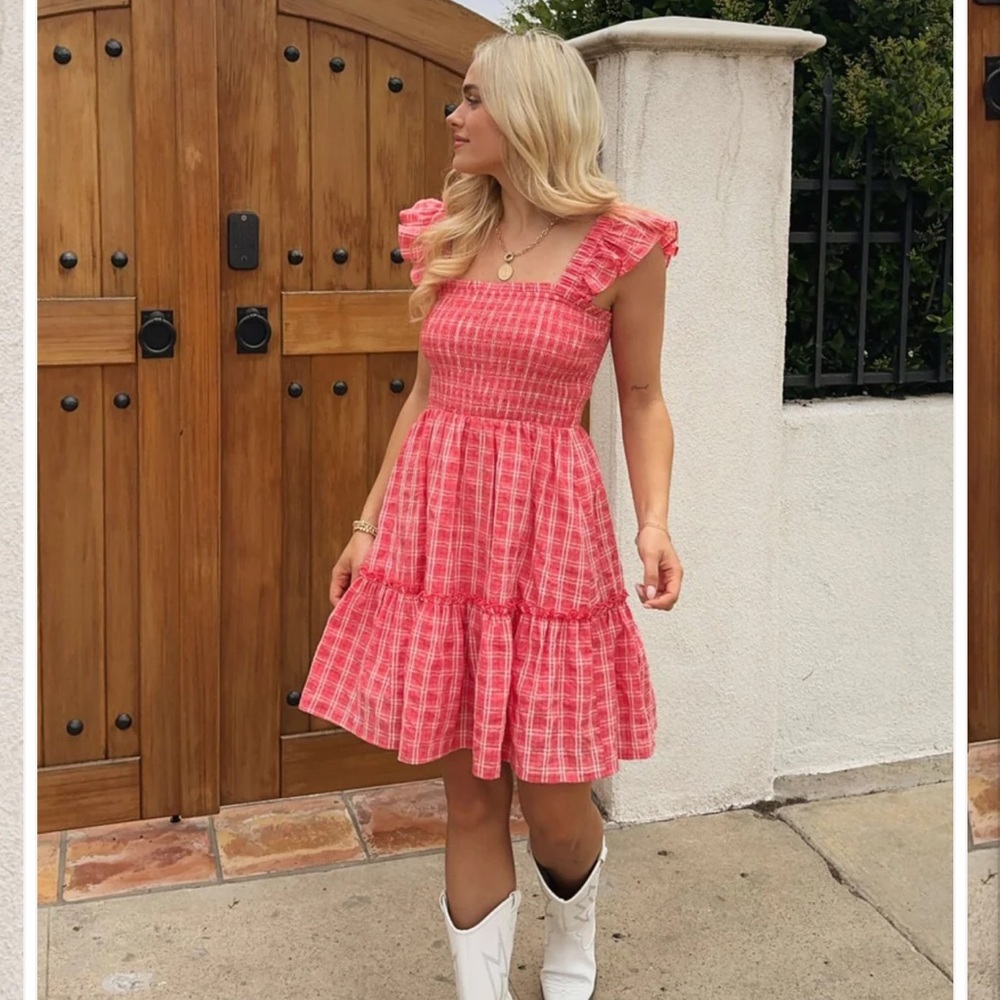 Girly Red Plaid summer Ruffle Dress country aritzia